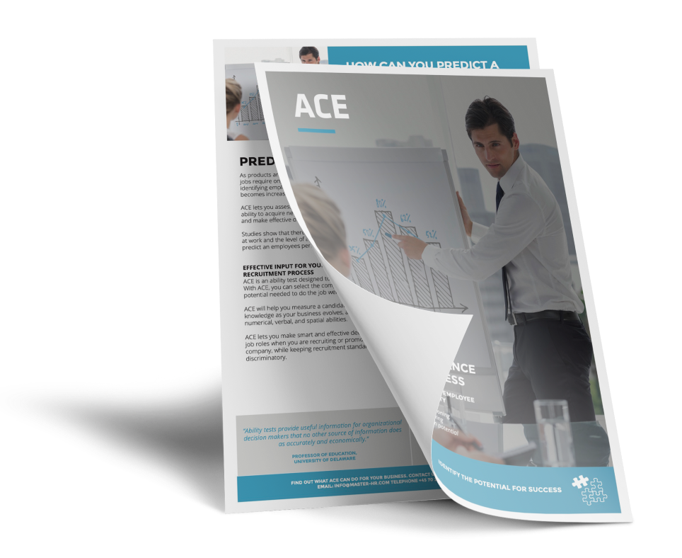 A professional product brochure for "ACE" featuring a business professional in a white shirt and tie presenting a bar chart on a whiteboard. The brochures have a clean, modern design with blue and white branding elements, emphasizing corporate assessment and recruitment solutions.