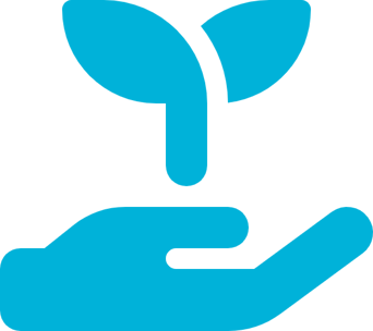 A simple, blue icon of a hand holding a growing seedling, symbolizing growth, nurturing, sustainability, and support. The design conveys development, care, and future potential.