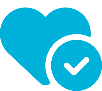A simple blue icon featuring a heart shape with a checkmark inside a circle. The design symbolizes trust, approval, well-being, or health validation.