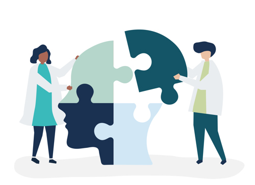 Illustration of two professionals assembling a human head-shaped puzzle, symbolizing psychological assessment, personality analysis, and cognitive evaluation.